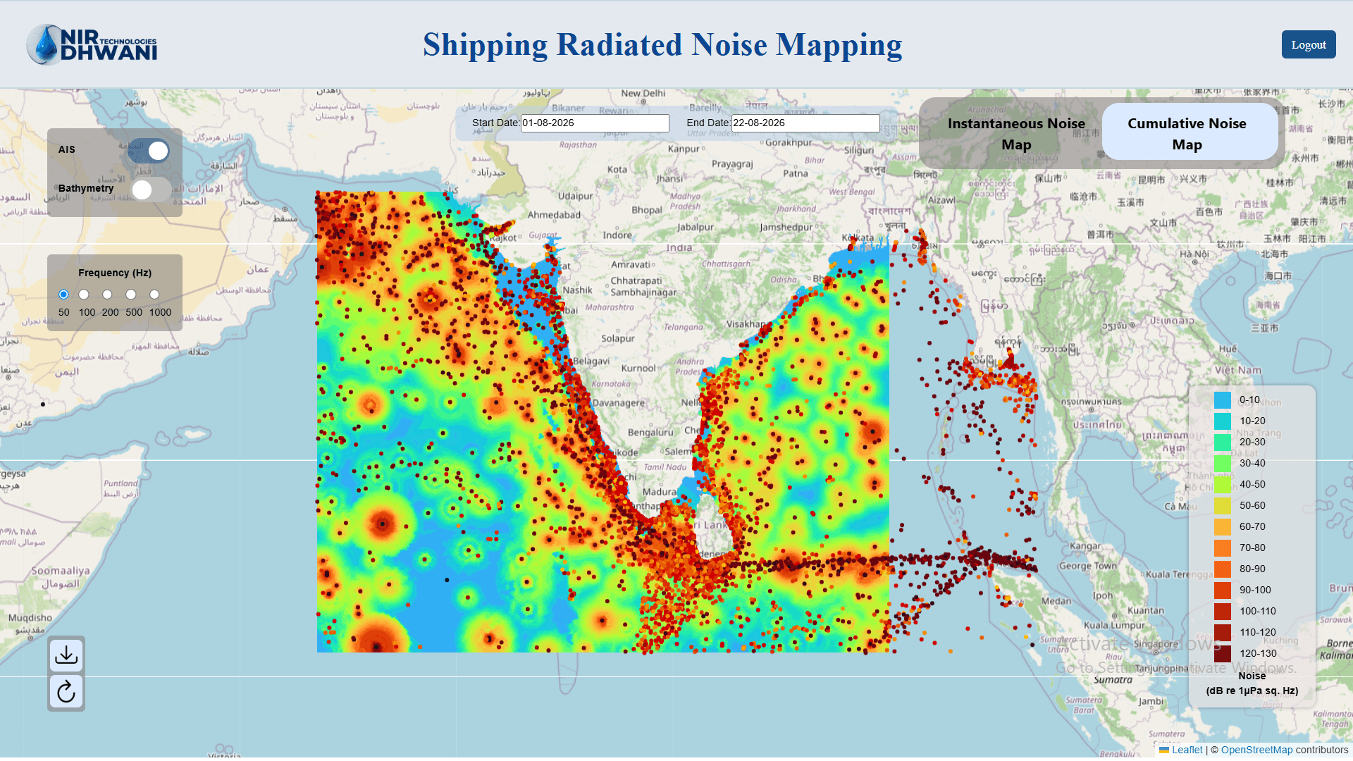 Cumulative underwater radiated noise map interface showing widespread shipping lane heatmaps