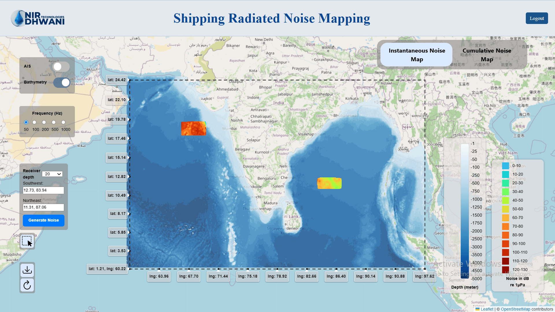 Instantaneous underwater radiated noise map interface with bathymetry and coordinate selection