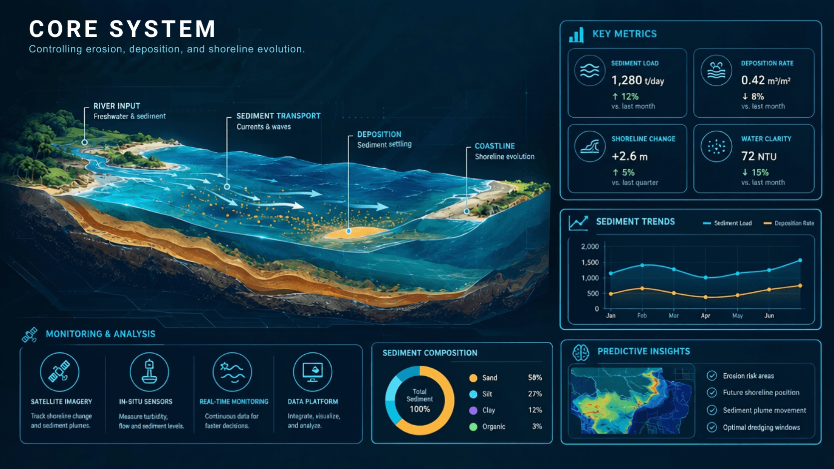 Sediment management lifecycle showing sediment source, transport, deposition and system impact