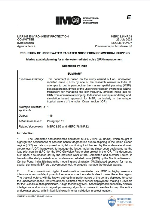 India's MSP Initiative for Underwater Radiated Noise Management Cover Page